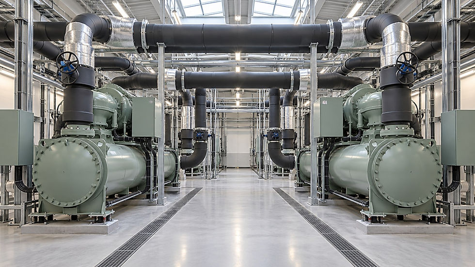 Illustration of two chillers connected to insulated plantroom manifolds.