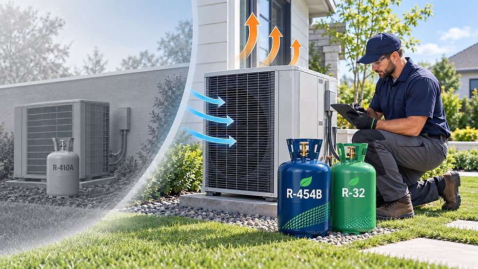 Home HVAC refrigerant transition from R-410A to new R-454B and R-32 air-conditioning systems