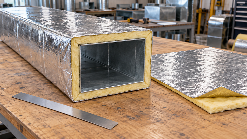 Illustration: Rectangular duct sample showing foil-faced insulation thickness and an unfolded wrap sheet on a workbench.