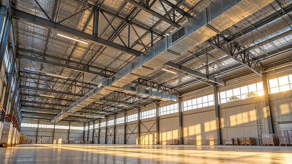 Illustration of warehouse roof trusses and ventilation ducts in afternoon light.