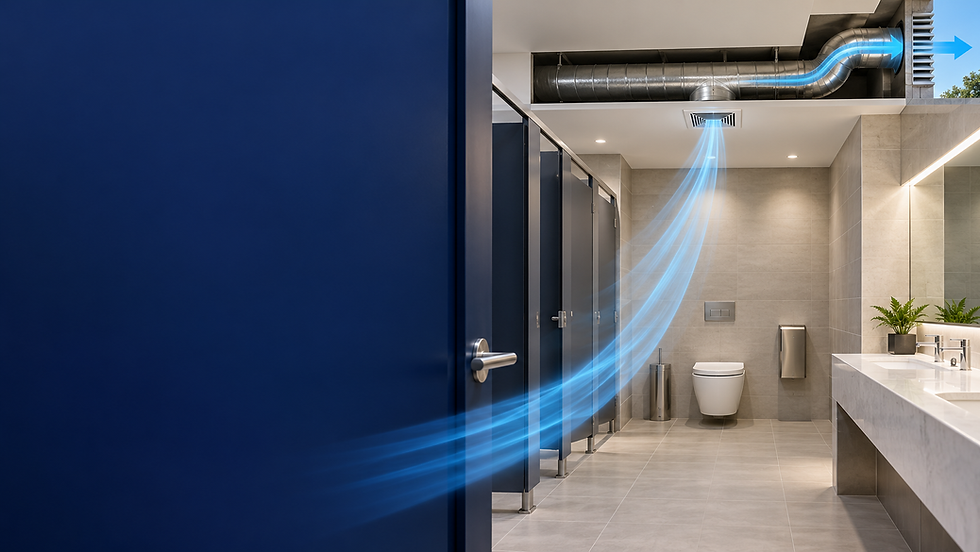Modern commercial toilet room showing air moving toward a ceiling exhaust grille and outdoor duct discharge