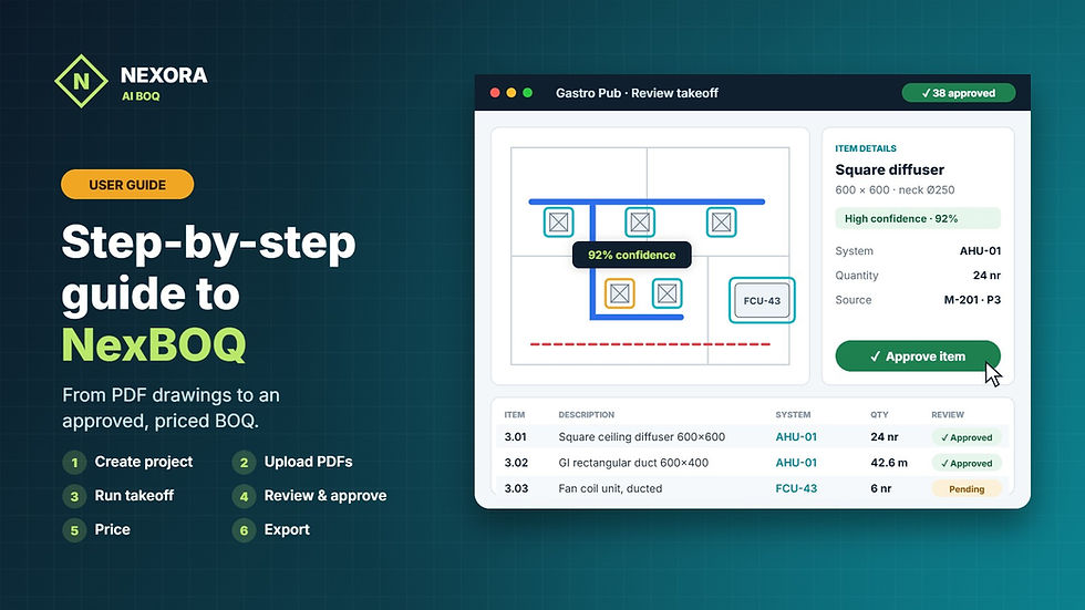 NexBOQ user guide: review takeoff screen with detected diffusers, item details and approved BOQ lines
