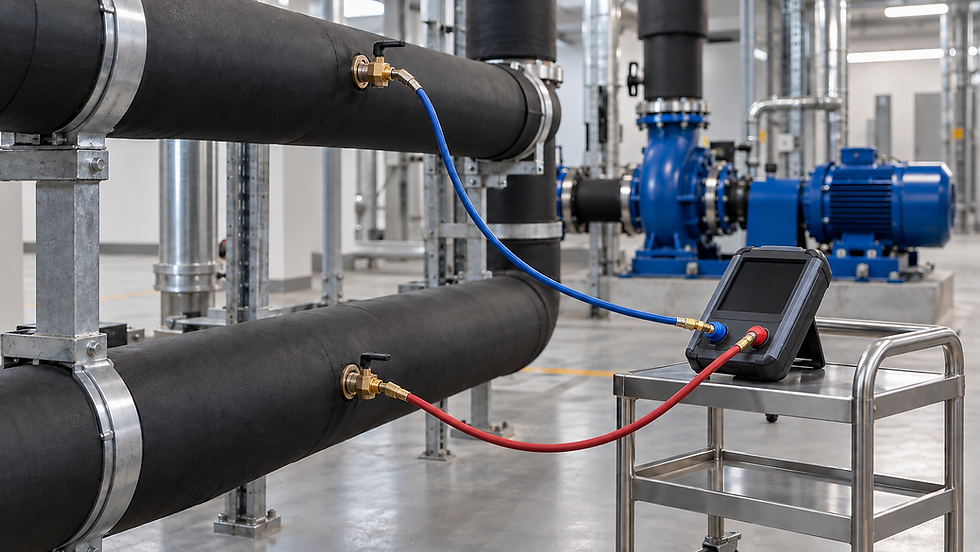 AI-generated editorial illustration of two pressure taps at different pipe elevations connected to a portable differential-pressure instrument.