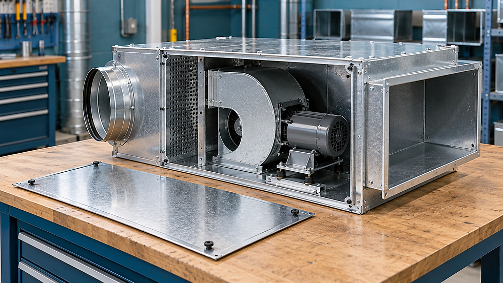 Illustration: Fan-powered air terminal with a visible centrifugal blower inside a demonstration plenum.