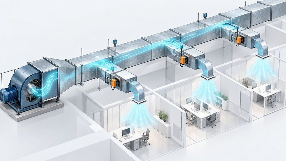 AI-generated editorial illustration of a supply duct network with three VAV terminals, pressure sensors, and airflow to office zones.
