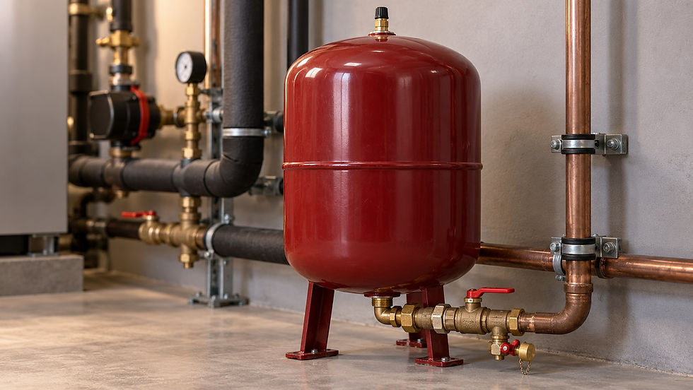 Illustration of an expansion vessel with accessible air and service valves.