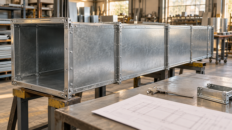 AI-generated editorial illustration of a flanged rectangular duct assembly, construction drawing and measuring caliper in a workshop.
