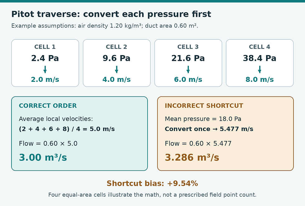Four equal-area illustrative cells have pressures 2.4, 9.6, 21.6 and 38.4 Pa, converting to velocities 2, 4, 6 and 8 metres per second. Averaging velocities gives 3.00 cubic metres per second; averaging pressures first gives 3.286, a 9.54% upward bias.
