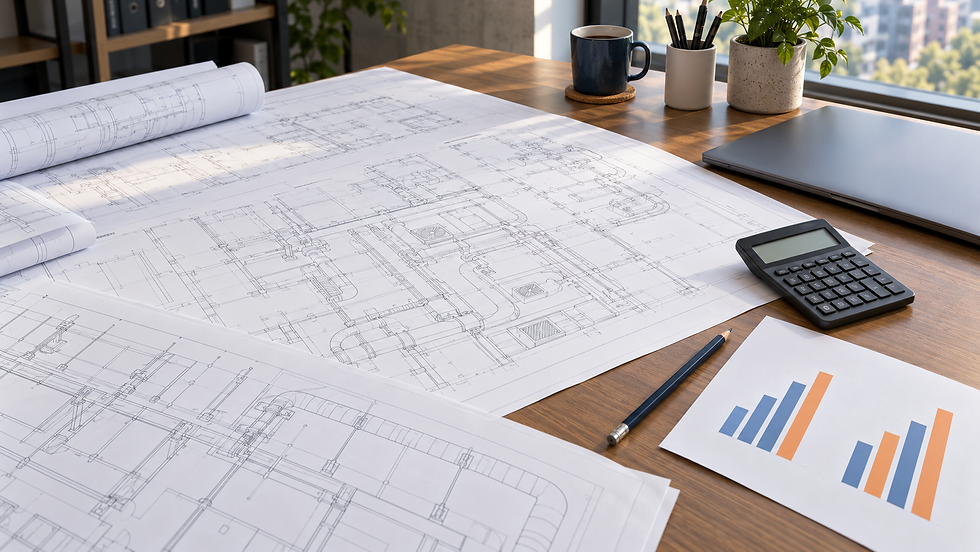 Illustration: MEP estimating desk with building service plans, a calculator and abstract unlabeled productivity bars.