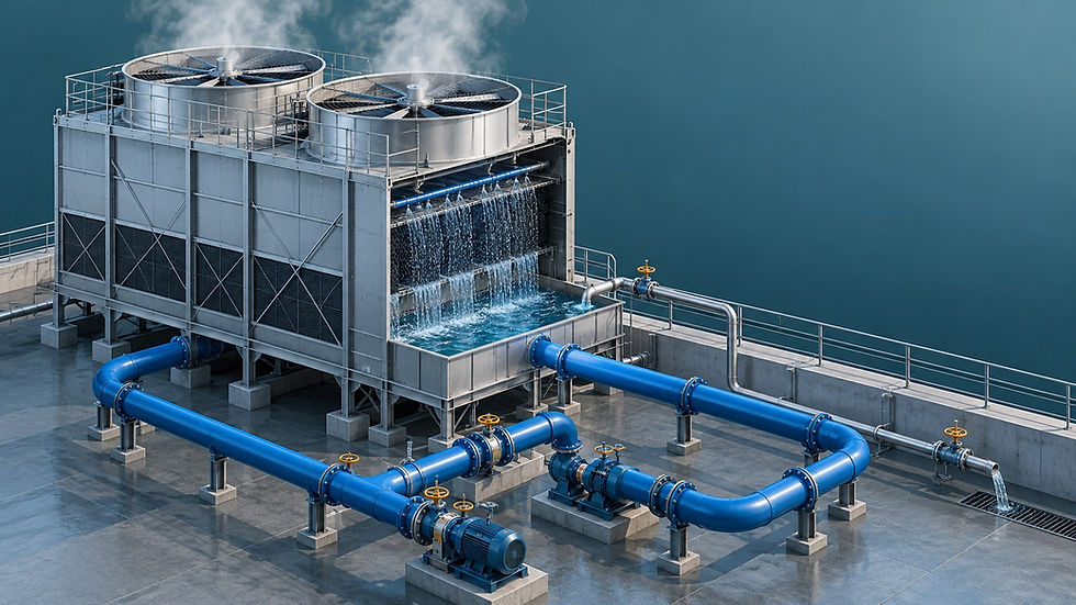 AI-generated editorial illustration of a two-cell cooling tower with basin, recirculating piping, makeup water, and drain line.