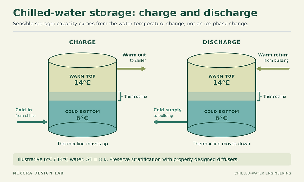 Two stratified water tanks show charging with cold water entering the bottom and warm water leaving the top, and discharging with warm return entering the top and cold supply leaving the bottom; illustrative 6°C cold and 14°C warm layers.