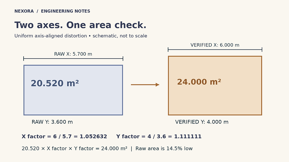 Two rectangles compare a raw PDF measurement of 5.7 by 3.6 metres and 20.52 square metres with a verified 6 by 4 metres and 24 square metres; separate X and Y correction factors are shown.
