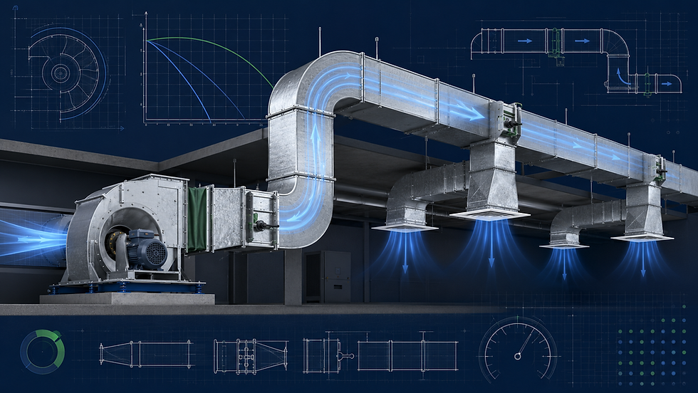 HVAC ductwork connected to a centrifugal fan with blue airflow arrows and pressure calculation graphics