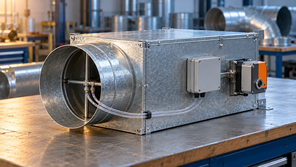 Illustration: Variable air volume terminal with pressure sensing tubes and a mounted control actuator.
