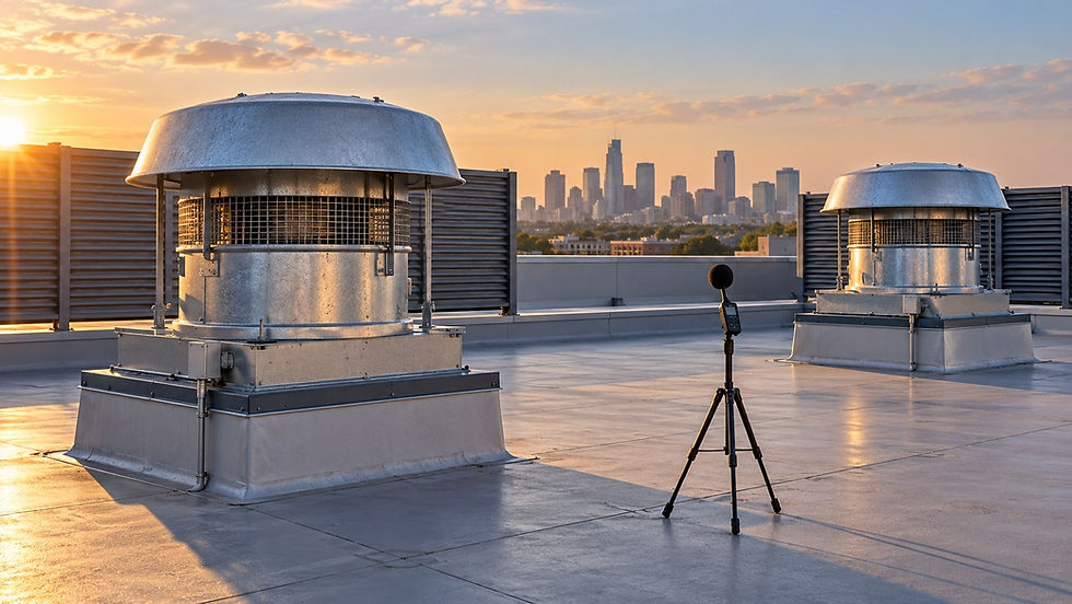 Illustration of two rooftop exhaust fans and an acoustic measurement instrument.