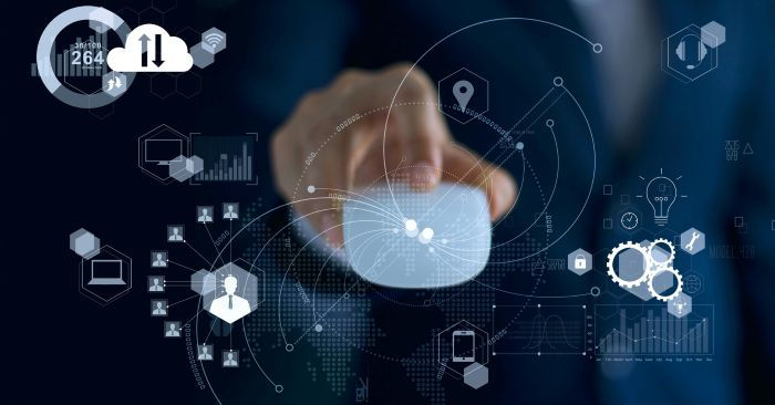 A hand touches a digital screen with data icons, graphs, and cloud symbols, on a dark, futuristic background.