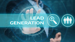 A person in a suit touches a glowing "Lead Generation" button on a digital interface with icons. Blue hues and tech background.