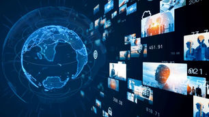 Digital globe with streaming data images. Blue background, various screens with people and numbers. Futuristic and technological theme.