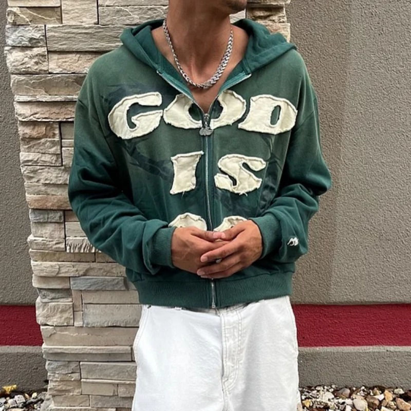 Thumbnail: Y2K American New Trend Retro God is Good Casual Street Wear Zip-up Hoodie Men's 