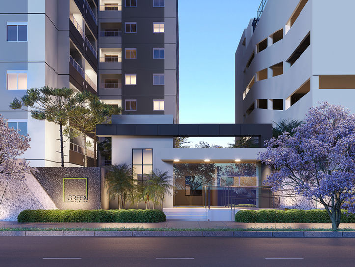 Imagem 3D de entrada principal de condomínio com iluminação cênica e identidade visual marcante.