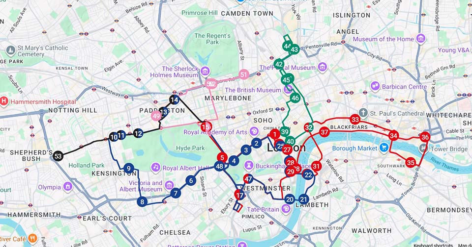 Route map of the Tootbus London bus tour