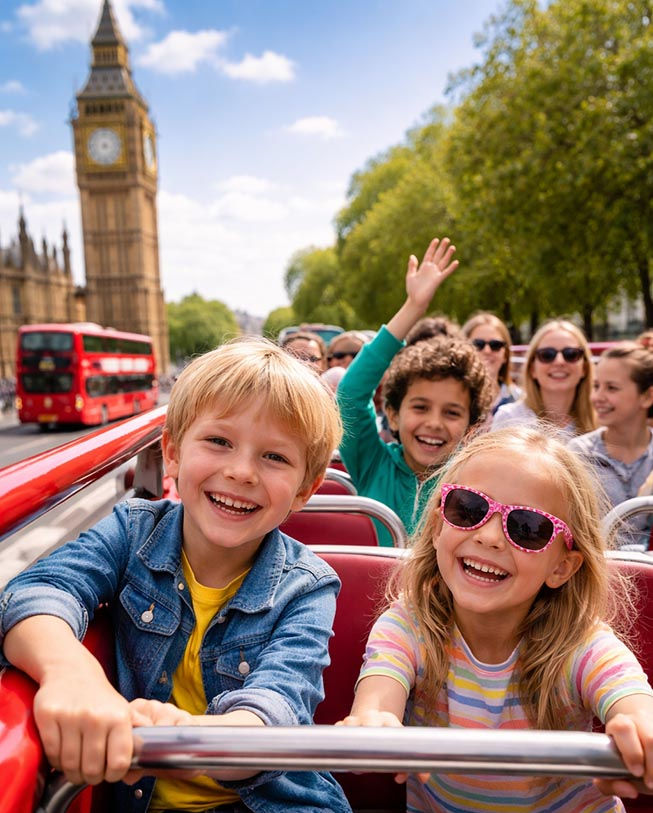 kids on an open top bus in London