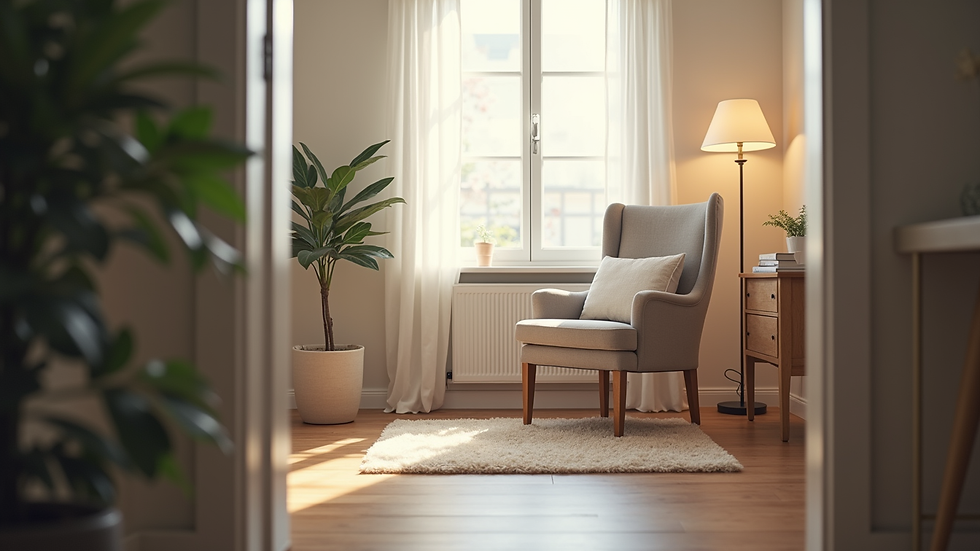 Eye-level view of a therapist’s office with a comfortable chair and soft lighting