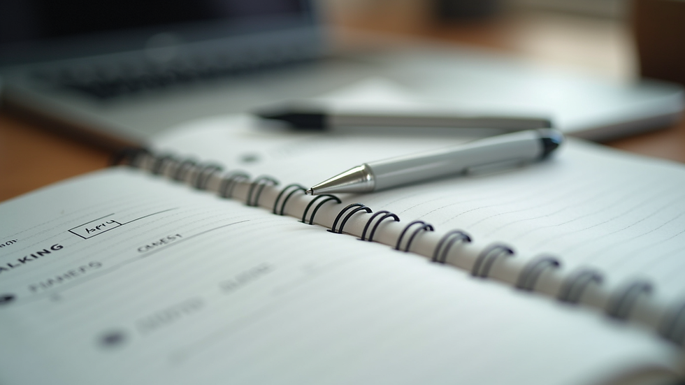 Close-up view of a journal and pen on a desk, symbolizing self-reflection and mental health tracking
