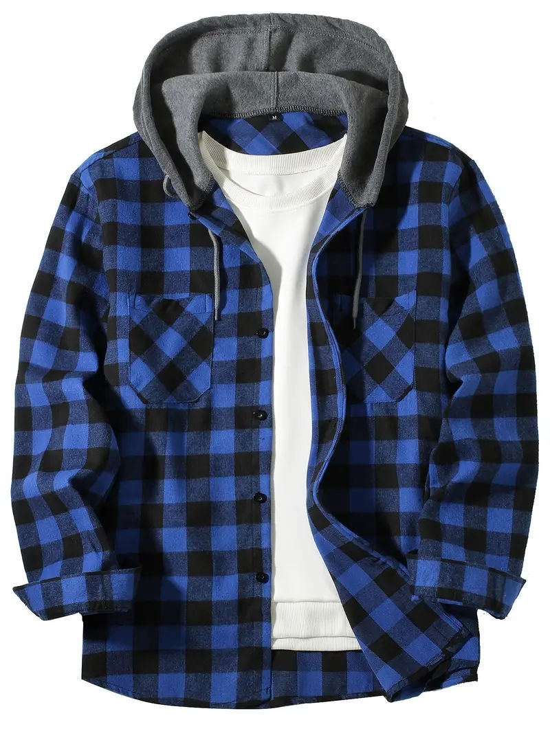 Youth Fashion Street Hooded Plaid Shirt Men's Slim Fit Long Sleeved Shirt Couple