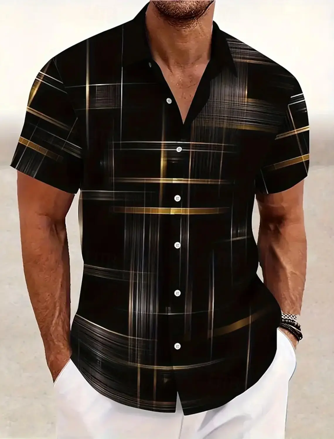 Summer Men's Geometric Grid Plaid Shirts Short SleeveTurndown Hawaiian Shirt Bu