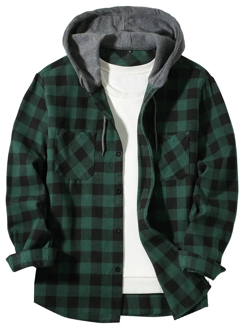 Thumbnail: Youth Fashion Street Hooded Plaid Shirt Men's Slim Fit Long Sleeved Shirt Couple