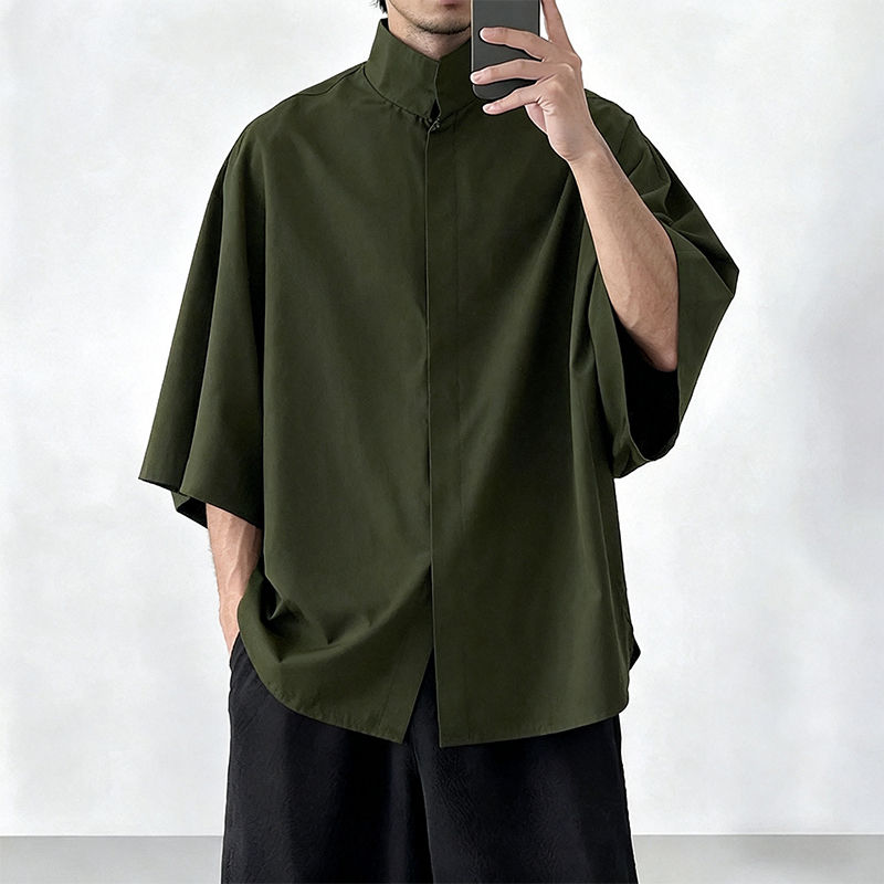 Thumbnail: Japanese Style Men Stand Collar Half Sleeve Shirt Loose Oversized Solid Color Hi
