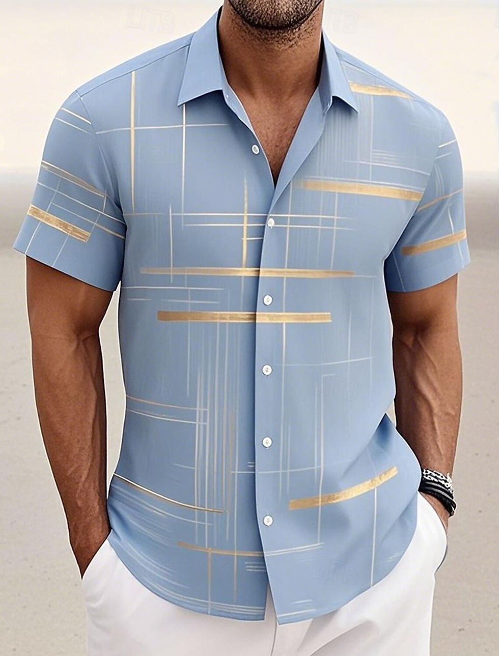 Thumbnail: Summer Men's Geometric Grid  Plaid Shirts Short SleeveTurndown Hawaiian Shirt Bu