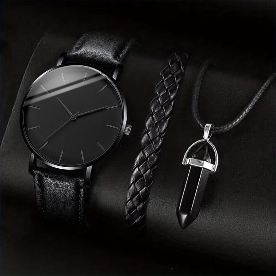 Thumbnail: 3PCS/Set Men Business Watches Casual Leather Band Analog Male's Quartz Watch Nec