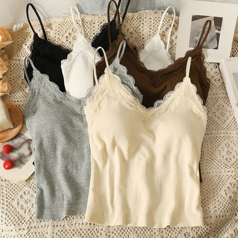 Women Sleeveless Tank Tops Solid Color Korean Version V Neck Slim Fashion Lace S