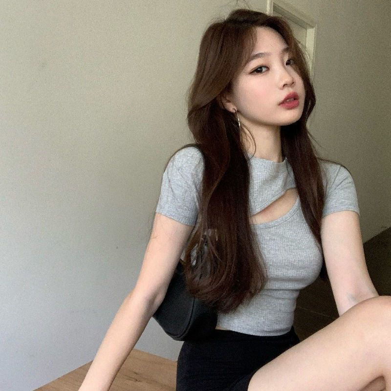 Thumbnail: Hot Girl Slanted Opening Round-neck Tight T Shirt For Women's Short High-waisted