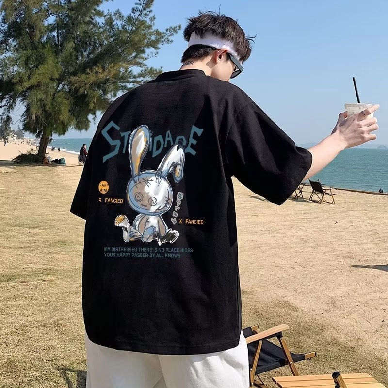Thumbnail: 8XL Men Oversize Korean Fashion Loose American Love Puppet Rabbit Print Short Sl