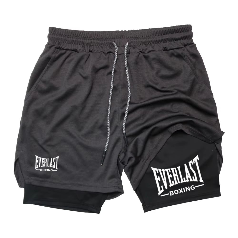 Men's compression gym shorts, EVERLAST printed sports pants, double layered, qui