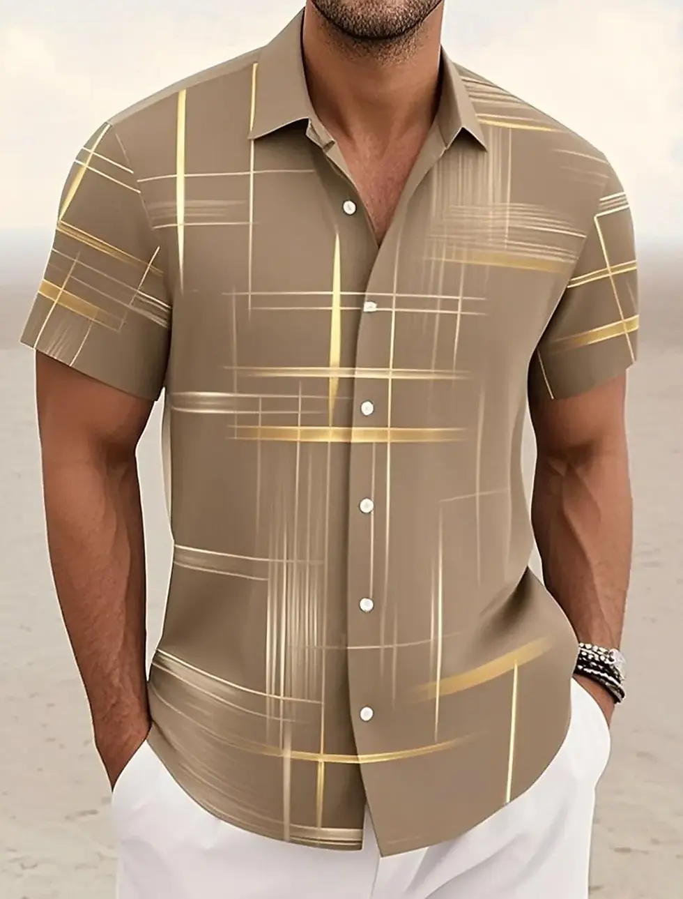 Thumbnail: Summer Men's Geometric Grid  Plaid Shirts Short SleeveTurndown Hawaiian Shirt Bu