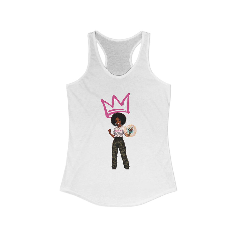 a white anime girl racerback tank top with a pink crown and text that says beauty