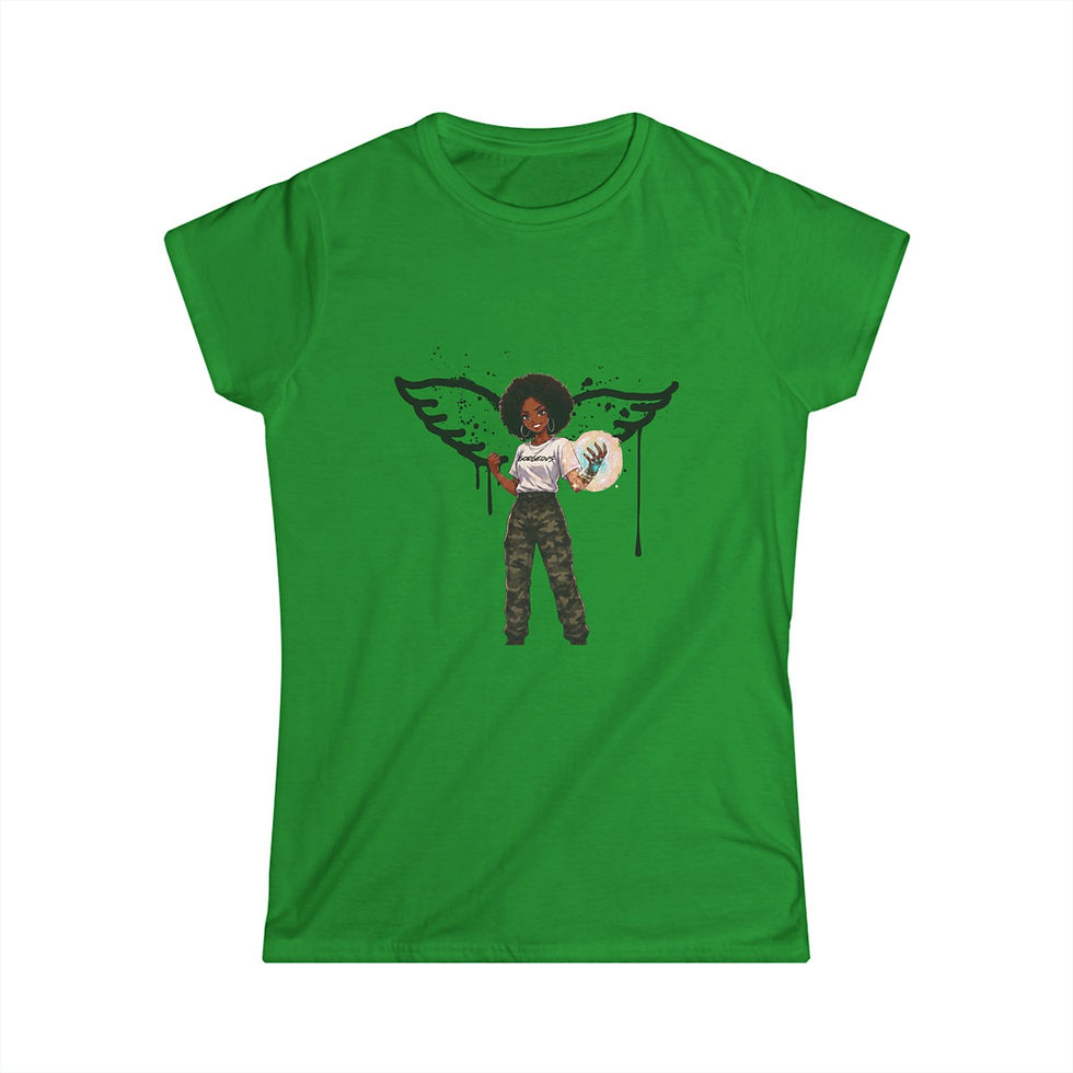 Thumbnail: a green anime graphic tee for women with an afro anime girl with angel wings on front