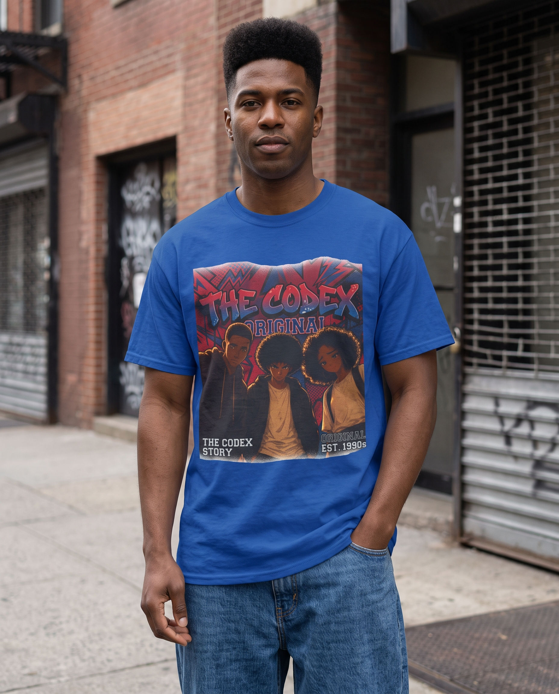 a black man posing in a royal blue shirt with three black anime characters on the front with text saying The Codex