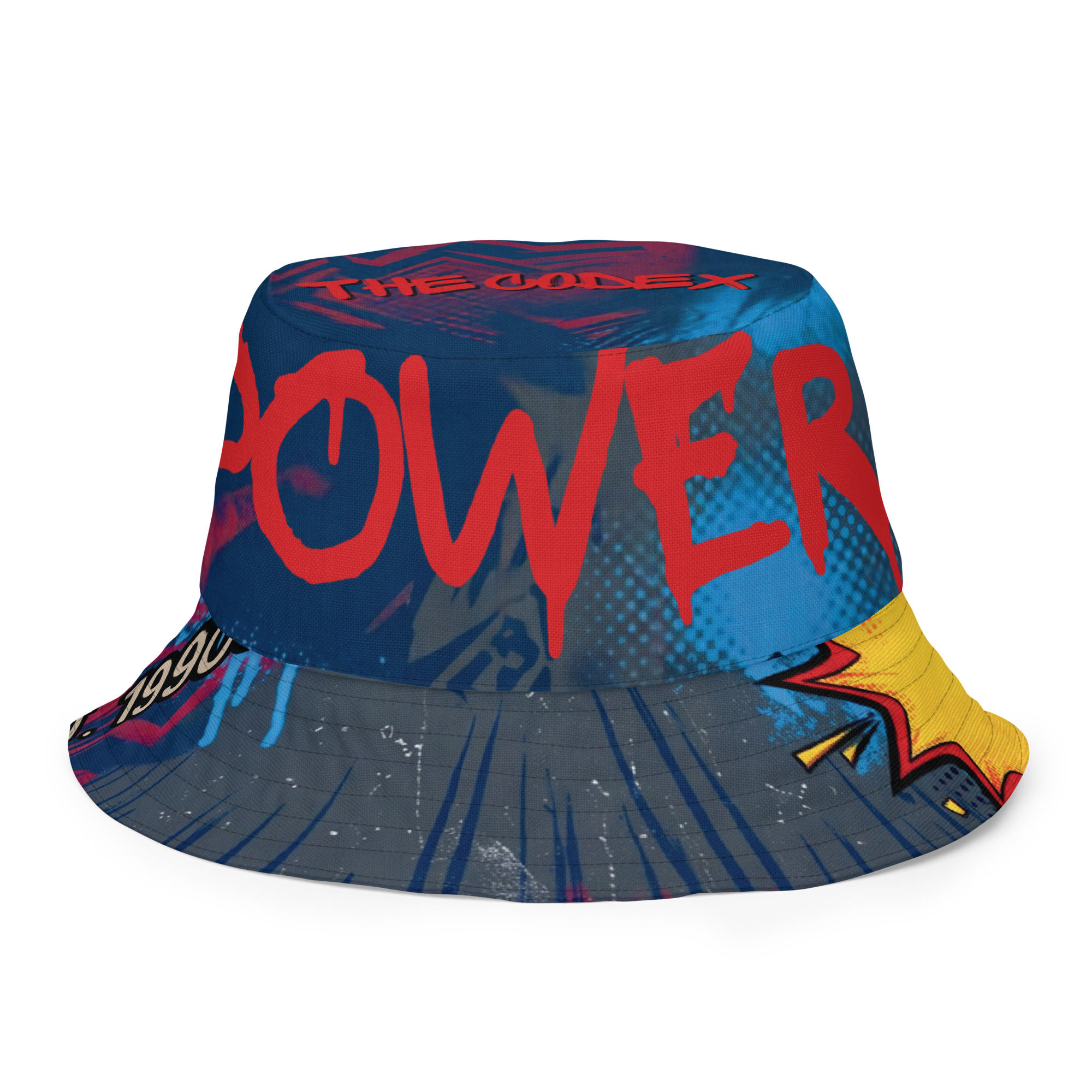 The Codex reversible 90s bucket hat with blue comic book graphics, red POWER graffiti lettering, and yellow accents.