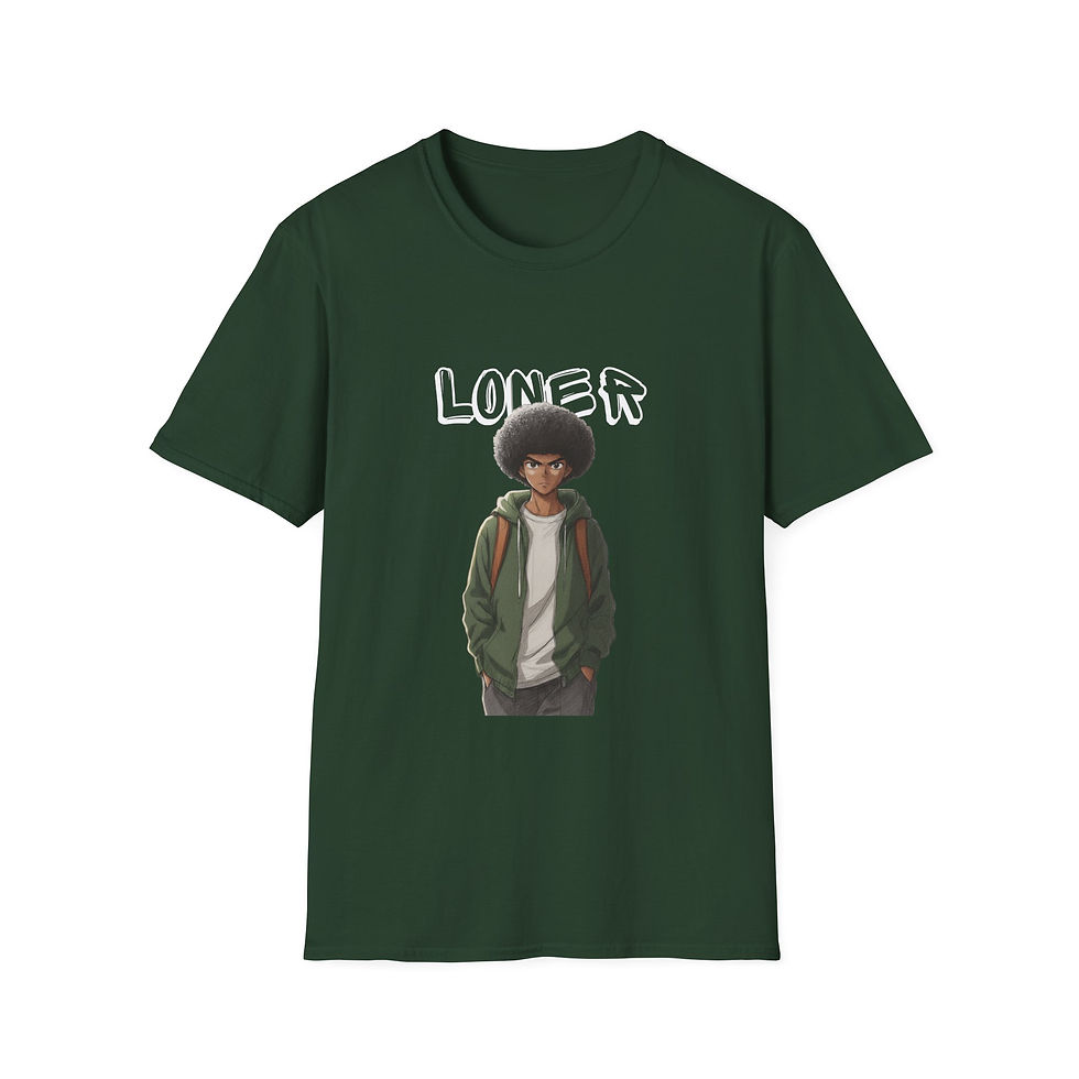 a forrest green anime graphic tshirt with a black anime character with text LONER