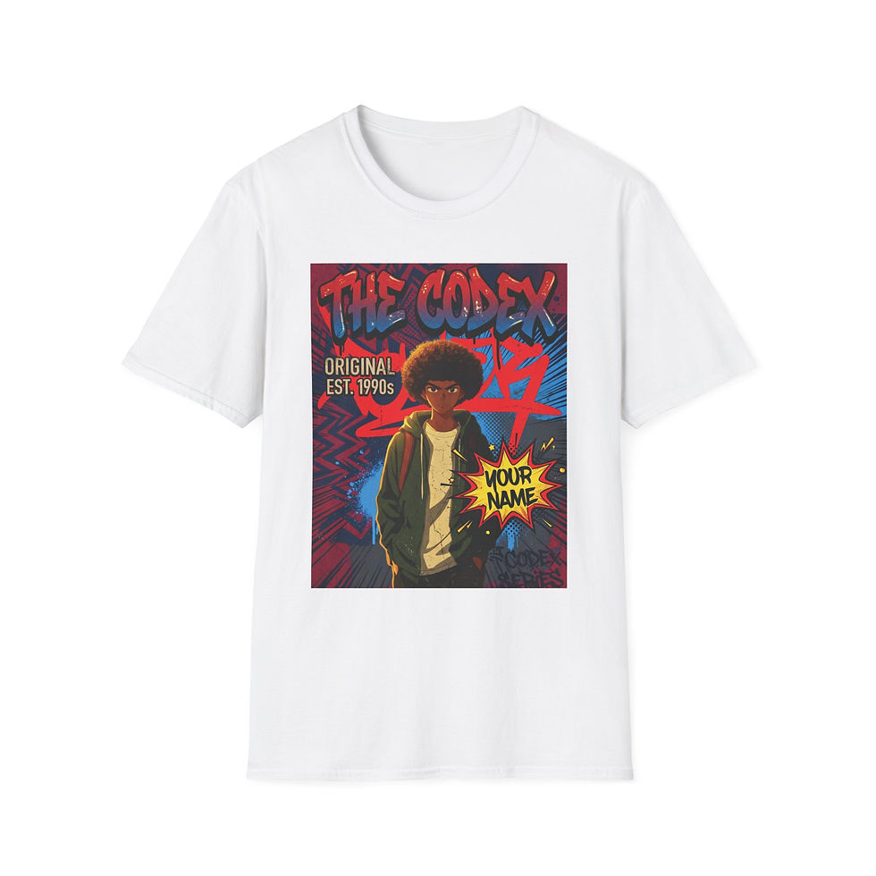 Thumbnail: a white custom name anime graffiti tshirt with the text The Codex