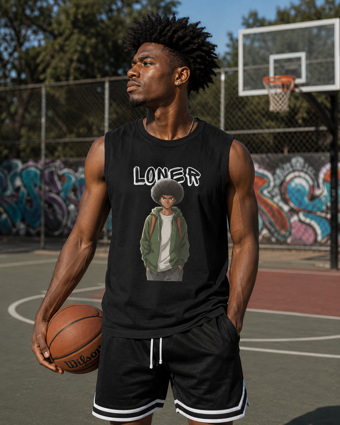 a black man posing with a basketball wearing a black graffiti anime jersey with the text loner