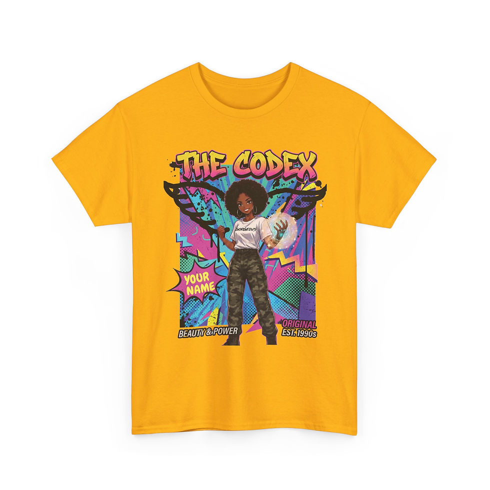 Thumbnail: a yellow black anime girl tshirt with wings with a custom name option
