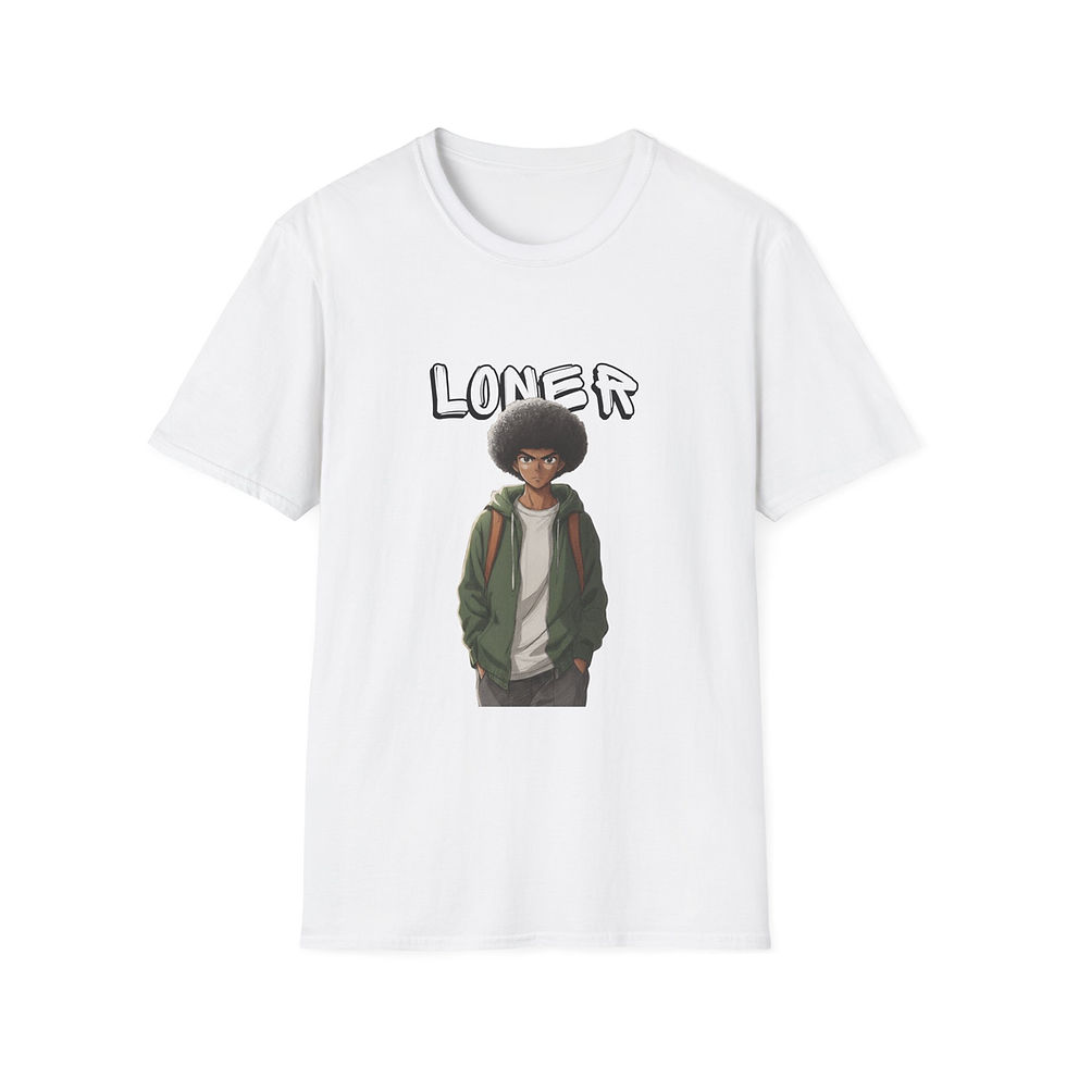 Thumbnail: a white anime graphic tshirt with a black anime character with text LONER