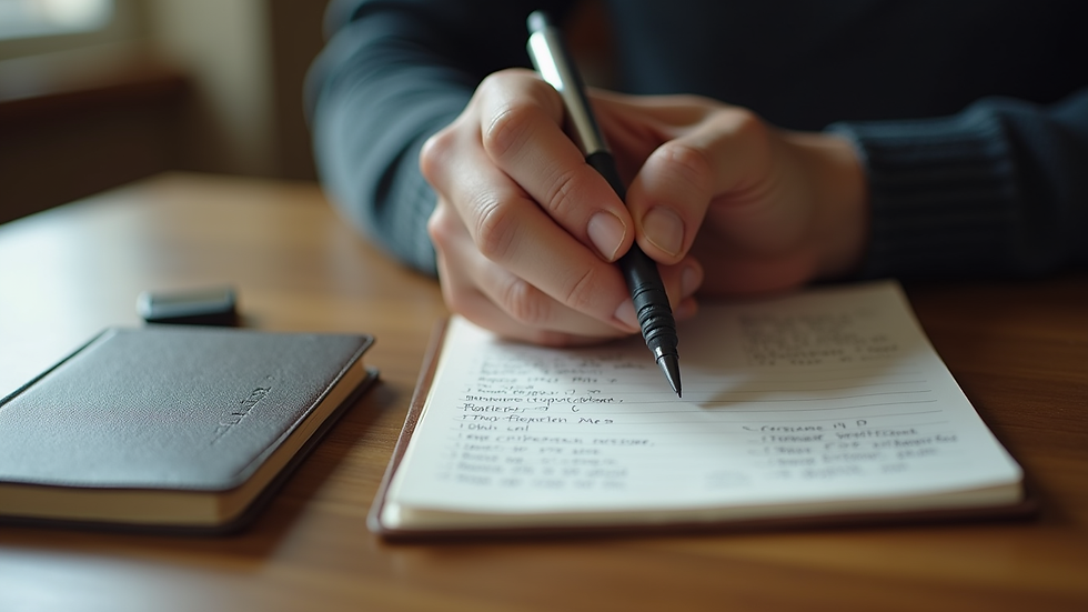 Close-up view of a hand writing in a journal with a Bible nearby
