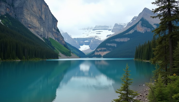 Eye-level view of a scenic Canadian lake surrounded by forest and mountains
